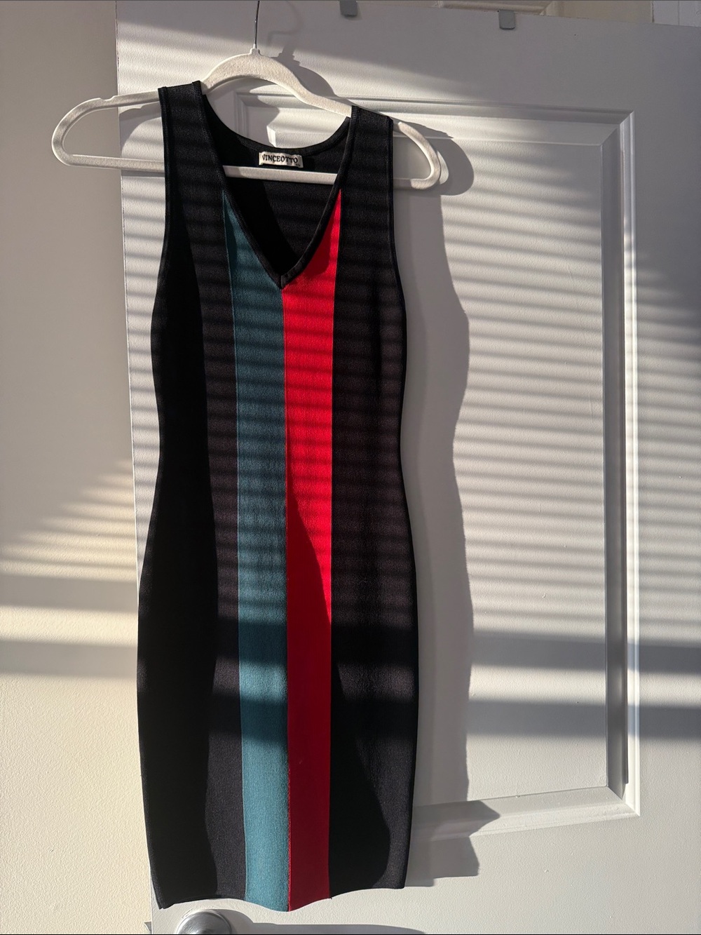 Vince Black Sleeveless Midi Dress with Red & Teal Center Stripes